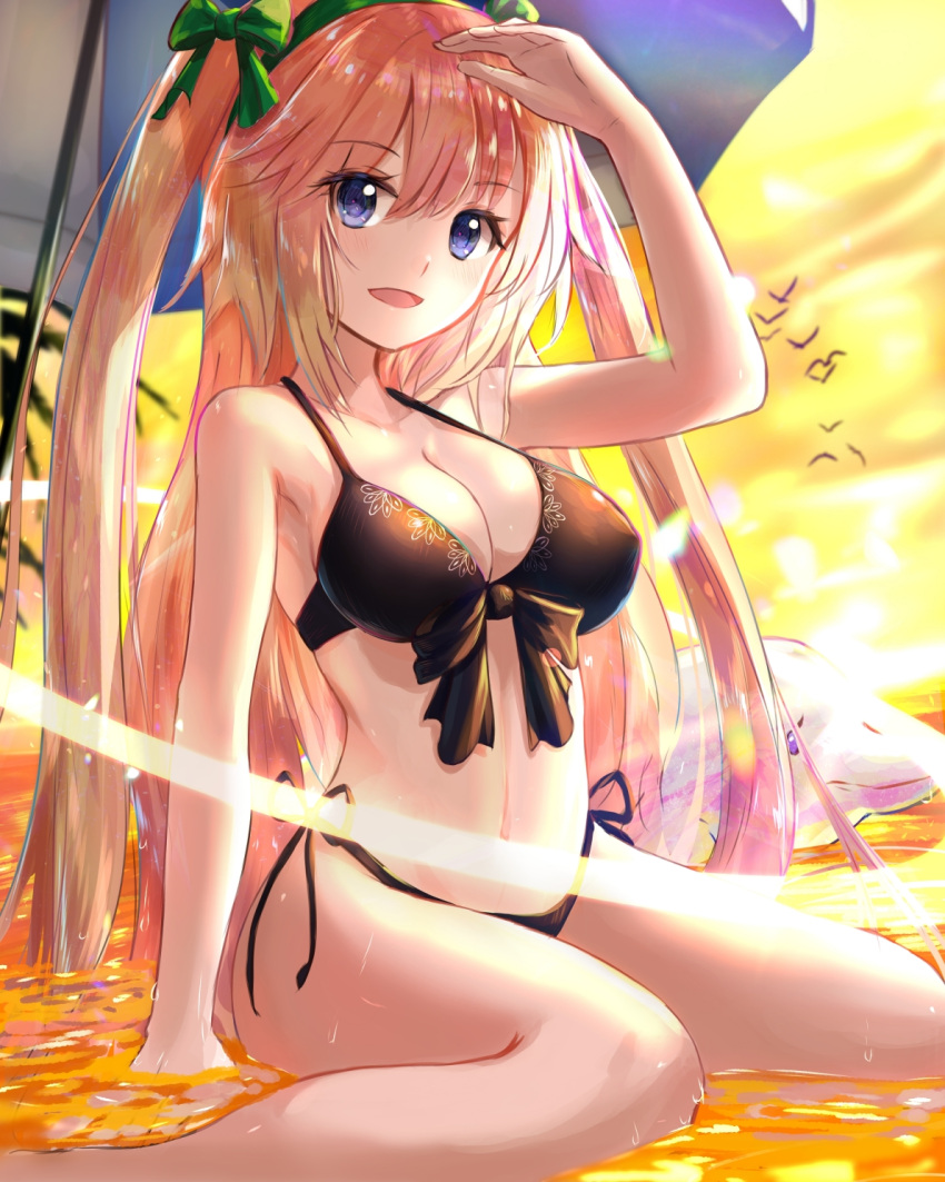 1girl :d alphatitus animal arm_up bikini black_bikini black_bow blonde_hair blue_eyes bow breasts cleavage day eyebrows_visible_through_hair fate/grand_order fate_(series) front-tie_bikini front-tie_top green_bow green_hairband hair_between_eyes hair_bow hairband highres jeanne_d'arc_(fate) jeanne_d'arc_(fate)_(all) long_hair looking_at_viewer medium_breasts navel open_mouth outdoors shiny shiny_hair side-tie_bikini sideboob sitting smile solo swimsuit twintails very_long_hair wariza