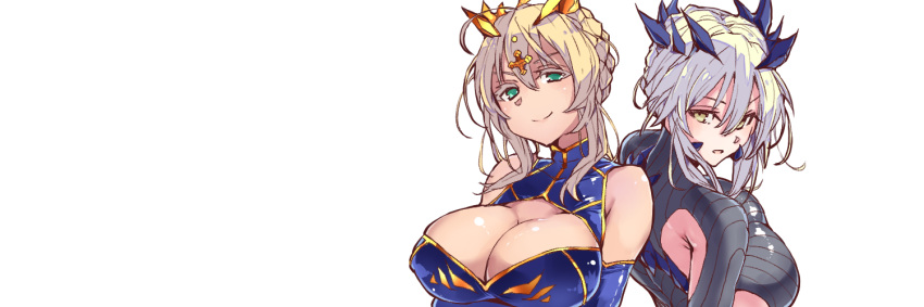 2girls ahoge aqua_eyes artoria_pendragon_(all) artoria_pendragon_(lancer) artoria_pendragon_(lancer_alter) bare_shoulders blonde_hair braid breasts cleavage closed_mouth colored_eyelashes covered_nipples dual_persona fate/grand_order fate_(series) french_braid hair_bun kobo_(cobo_0609) large_breasts long_hair looking_at_viewer multiple_girls open_mouth pale_skin simple_background smile turtleneck upper_body white_background white_hair yellow_eyes