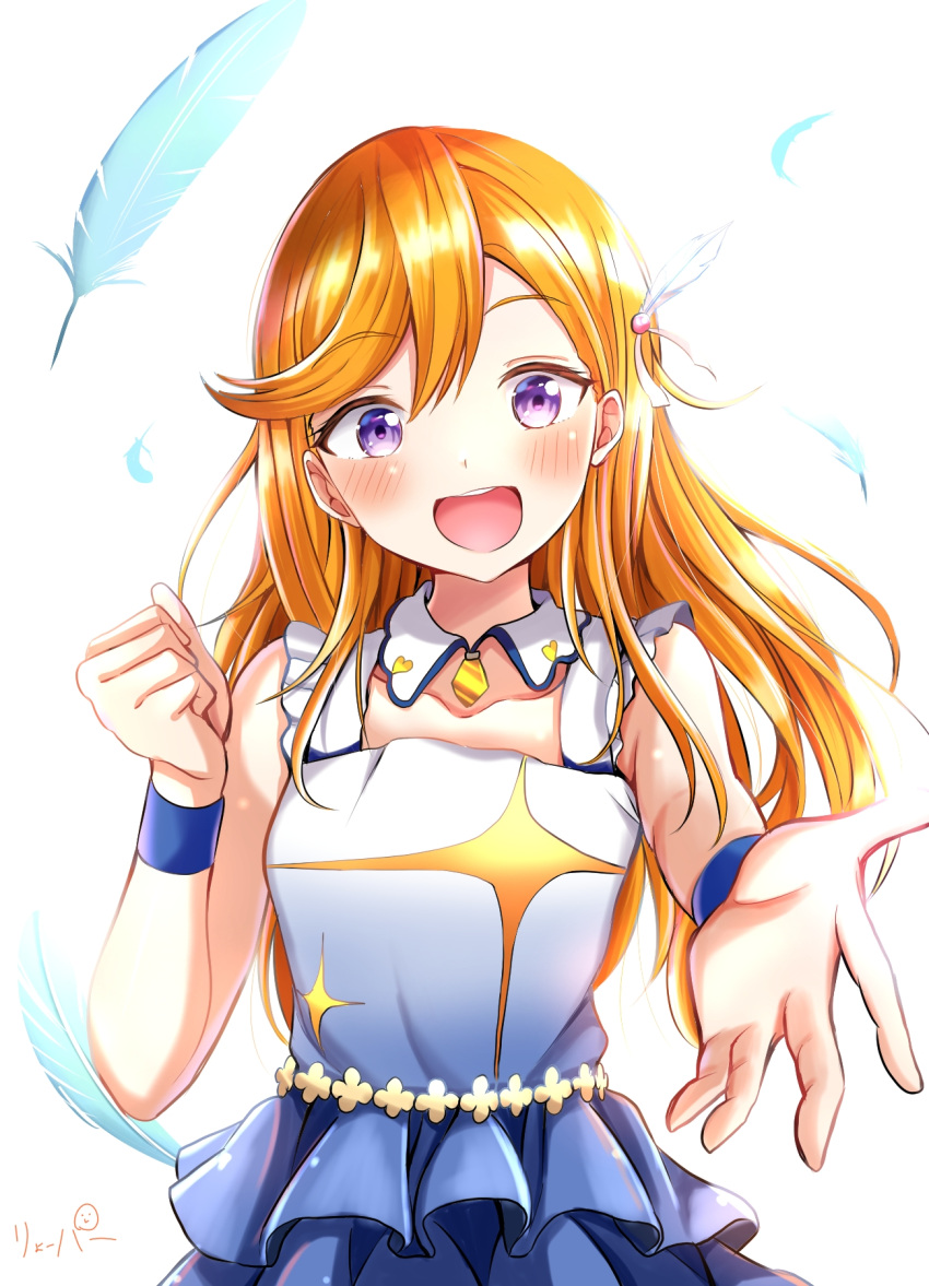 1girl blue_wristband blush clenched_hand collarbone dress feather_hair_ornament feathers frilled_dress frills hair_ornament heart highres long_hair love_live! love_live!_superstar!! open_mouth orange_hair reaching reaching_towards_viewer ryopa shibuya_kanon signature sleeveless sleeveless_dress solo swept_bangs violet_eyes white_dress