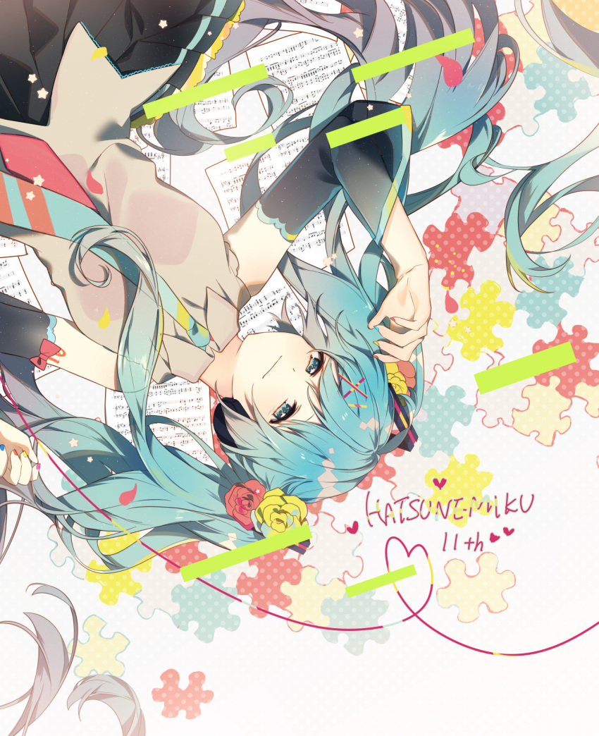 1girl arm_up bare_shoulders black_skirt blue_eyes blue_hair blue_neckwear character_name closed_mouth collared_shirt commentary_request detached_sleeves flower from_above grey_shirt hair_flower hair_ornament hairclip half-closed_eyes happy_birthday hatsune_miku head_tilt headphones heart heart_of_string highres jigsaw_puzzle long_hair long_sleeves lying multicolored multicolored_nails nail_polish necktie omutatsu on_back pleated_skirt puzzle red_flower red_rose rose rose_hair_ornament sheet_music shirt skirt smile solo twintails upper_body very_long_hair vocaloid x_hair_ornament yellow_flower yellow_rose