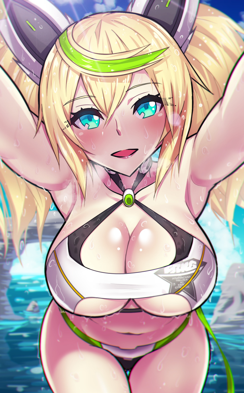 1girl armpits bikini blonde_hair blue_eyes blurry blush breasts collarbone day depth_of_field eyebrows_visible_through_hair gene_(pso2) green_hair hair_between_eyes head_tilt highres large_breasts leaning_forward long_hair looking_at_viewer navel outdoors outstretched_arms parted_lips phantasy_star phantasy_star_online_2 rock samael_(5211) smile solo striped sunlight swimsuit thigh_gap twintails water wet