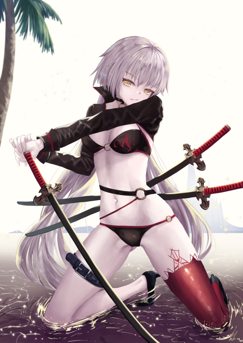 1girl absurdres asymmetrical_legwear bangs bikini black_bikini black_footwear blunt_bangs breasts cleavage fate/grand_order fate_(series) floating_hair full_body hands_on_hilt high_heels highres jeanne_d'arc_(alter_swimsuit_berserker) jeanne_d'arc_(fate)_(all) katana kneeling long_hair looking_at_viewer medium_breasts nekobell o-ring o-ring_bikini palm_tree pumps red_legwear silver_hair simple_background solo swimsuit sword thigh-highs thigh_strap tree twintails very_long_hair weapon white_background yellow_eyes