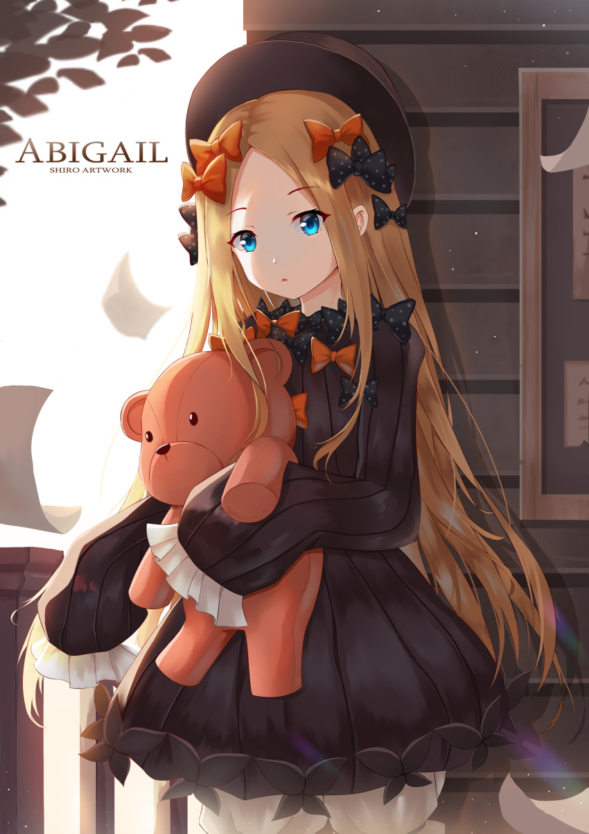 1girl abigail_williams_(fate/grand_order) absurdres artist_name bangs black_bow black_dress black_hat blonde_hair bloomers blue_eyes bow bug butterfly character_name day dress eyebrows_visible_through_hair fate/grand_order fate_(series) fence forehead hair_bow hat head_tilt highres insect long_hair long_sleeves looking_at_viewer object_hug orange_bow outdoors parted_bangs parted_lips polka_dot polka_dot_bow revision shirokun0824 sleeves_past_fingers sleeves_past_wrists solo stuffed_animal stuffed_toy teddy_bear underwear very_long_hair white_bloomers