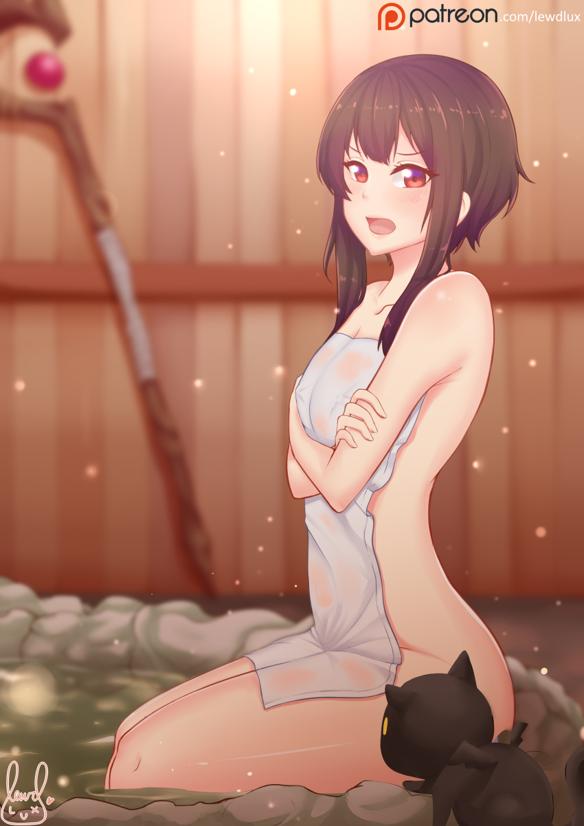 1girl absurdres bath black_hair blush cat chomusuke highres kono_subarashii_sekai_ni_shukufuku_wo! lewdlux looking_at_viewer megumin naked_towel onsen red_eyes rock short_hair soaking_feet solo staff steam towel water wet