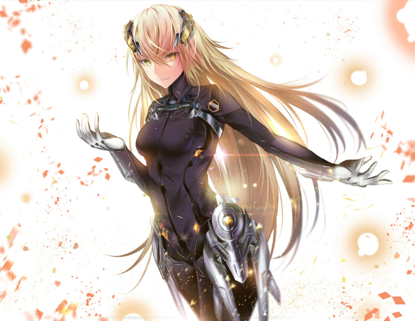 1girl beatless blonde_hair breasts fhilippedu floating_hair formal hair_between_eyes highres long_hair looking_at_viewer medium_breasts outstretched_arm parted_lips smile solo suit very_long_hair white_background yellow_eyes