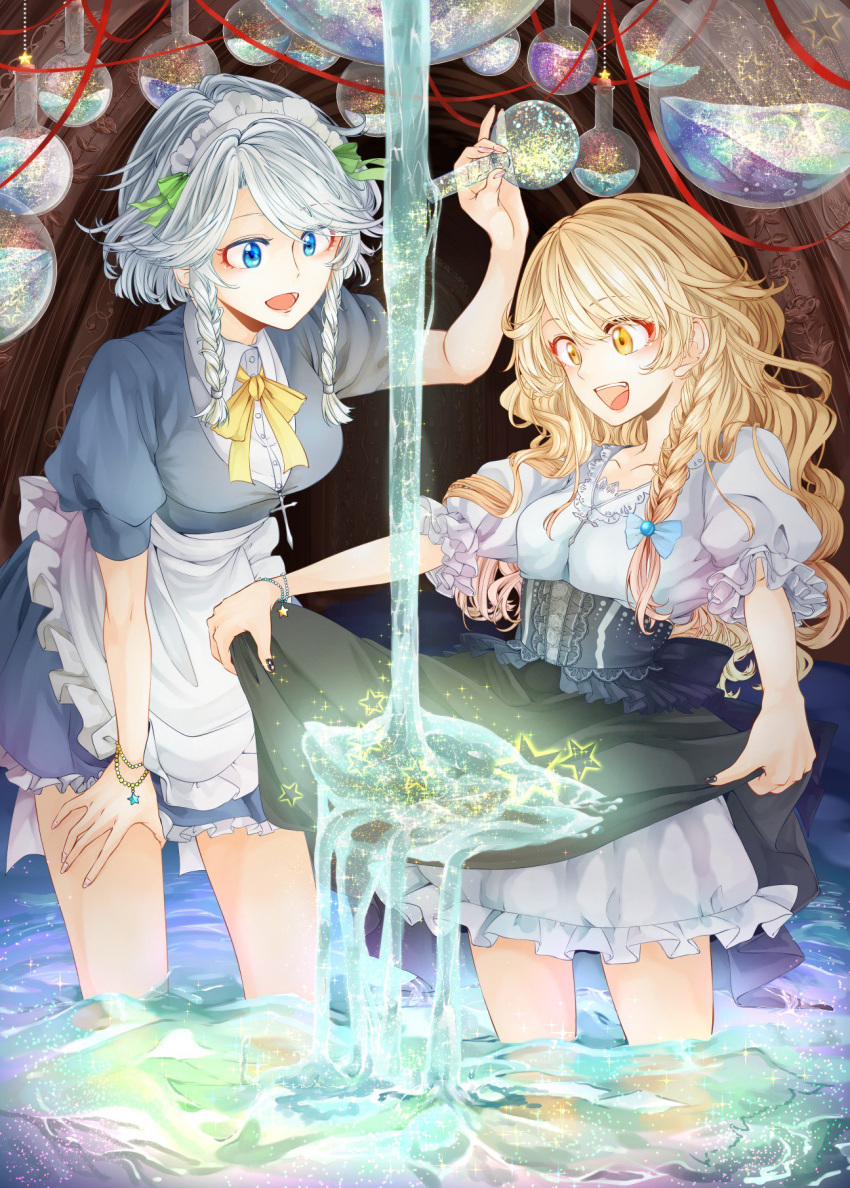 2girls :d apron arm_up bangs bead_bracelet beads black_nails black_skirt blonde_hair blue_bow blue_eyes bow bracelet braid breasts collarbone commentary_request cross eyebrows_visible_through_hair feet_out_of_frame flask frilled_apron frills green_ribbon hair_ribbon highres holding_flask izayoi_sakuya jewelry kirisame_marisa lace_trim laces leaning_forward long_hair maid maid_apron maid_headdress medium_breasts multiple_girls nail_polish neck_ribbon no_hat no_headwear open_mouth petticoat pouring puffy_short_sleeves puffy_sleeves red_ribbon ribbon shirt short_hair short_sleeves silver_hair skirt skirt_hold smile souta_(karasu_no_ouchi) sparkle standing star swept_bangs thighs touhou twin_braids wading waist_apron water wavy_hair white_apron white_shirt wing_collar yellow_eyes yellow_neckwear yellow_ribbon