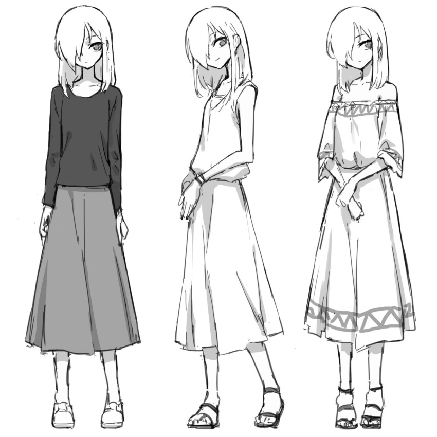 1girl bare_shoulders blouse commentary_request greyscale hair_over_one_eye highres long_hair long_sleeves monochrome multiple_views one_eye_covered oopartz_yang original sandals shirt shoes simple_background skirt smile standard_bearer standing uma_(oopartz_yang) white_background