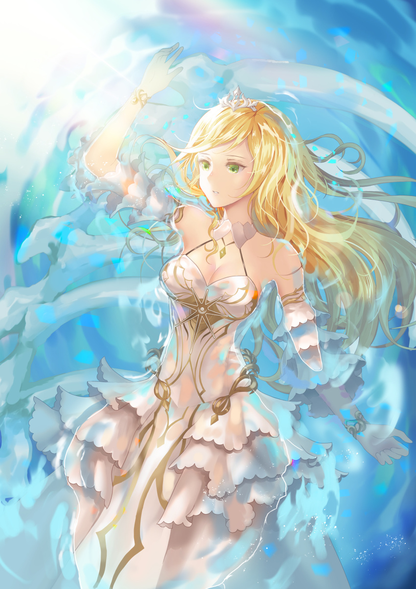 1girl absurdres afloat angelia bare_shoulders blonde_hair bracelt breasts cleavage detached_collar detached_sleeves dress gold_trim green_eyes highres long_hair medium_breasts parted_lips sdorica_-sunset- solo sunlight tiara uanuan white_dress