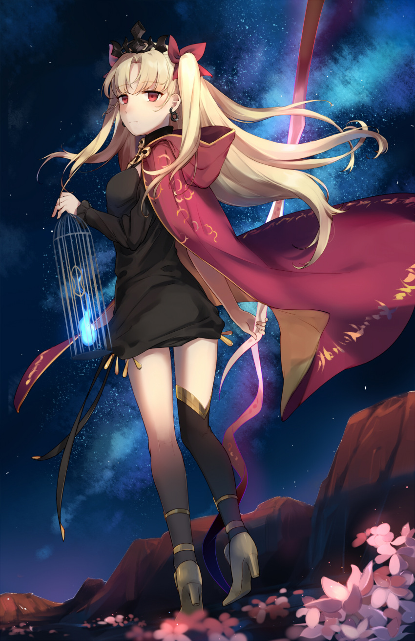1girl asymmetrical_legwear black_dress black_legwear blonde_hair bow cage cape day diadem dress earrings ereshkigal_(fate/grand_order) eyebrows_visible_through_hair fate/grand_order fate_(series) floating_hair flower hair_bow high_heels highres holding holding_cage hooded jewelry long_hair looking_at_viewer looking_back night outdoors pink_flower pumps red_bow red_cape red_eyes short_dress sky solo standing star_(sky) starry_sky thigh-highs twintails very_long_hair yellow_footwear yorktown_cv-5