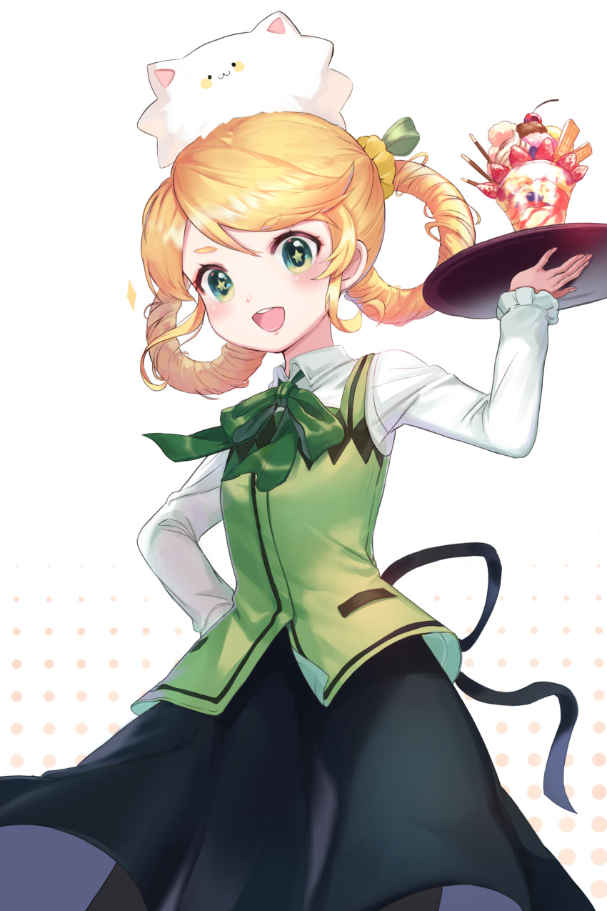 1girl absurdres black_skirt blonde_hair blush cat character_request collared_shirt copyright_request eyebrows_visible_through_hair green_eyes highres holding holding_tray long_sleeves looking_at_viewer open_mouth oso_5425 shirt short_hair skirt smile star star-shaped_pupils symbol-shaped_pupils tray