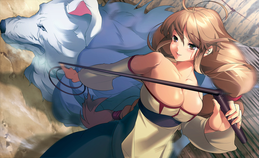 1girl animal arc_the_lad arc_the_lad_ii bare_shoulders blonde_hair blue_eyes blush braid breasts brown_eyes brown_hair cleavage dress highres large_breasts lieza long_hair smile solo whip wolf