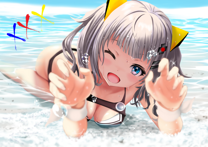 1girl ;d absurdres bikini black_bikini blue_eyes blue_sky bra breasts commentary_request day gibun_(sozoshu) grey_hair hair_ornament highres kaguya_luna kaguya_luna_(character) looking_at_viewer lying medium_breasts on_stomach one_eye_closed open_mouth outdoors revision short_hair sky smile solo swimsuit twintails underwear virtual_youtuber water x_hair_ornament