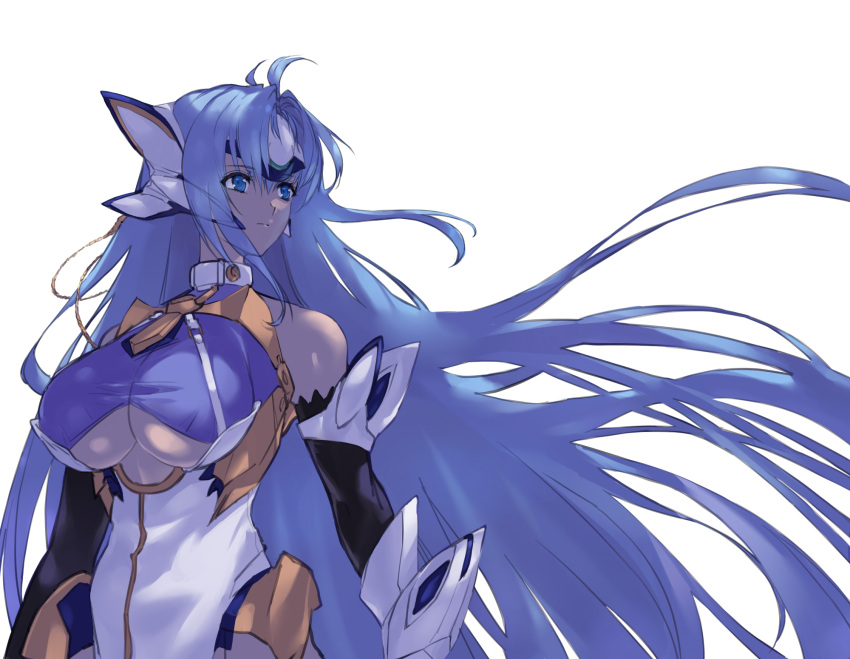 1girl android bare_shoulders blue_eyes blue_hair breasts closed_mouth eyebrows_visible_through_hair floating_hair forehead_protector highres kos-mos kos-mos_ver._4 large_breasts long_hair midriff negresco simple_background solo under_boob underboob_cutout very_long_hair white_background xenosaga xenosaga_episode_iii