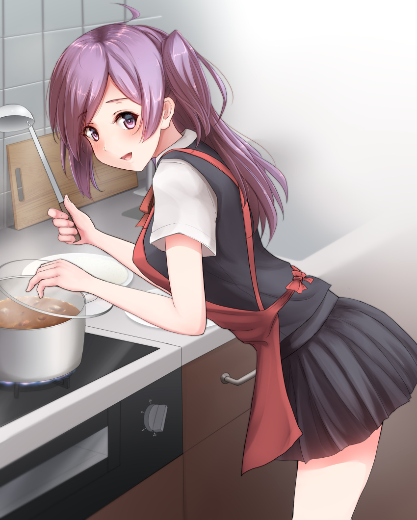 1girl ahoge apron black_skirt black_vest blouse commentary_request cooking curry cutting_board food hagikaze_(kantai_collection) highres kantai_collection kitchen ladle long_hair nuka_(nvkka) one_side_up open_mouth pleated_skirt pot purple_hair skirt smile solo vest white_blouse