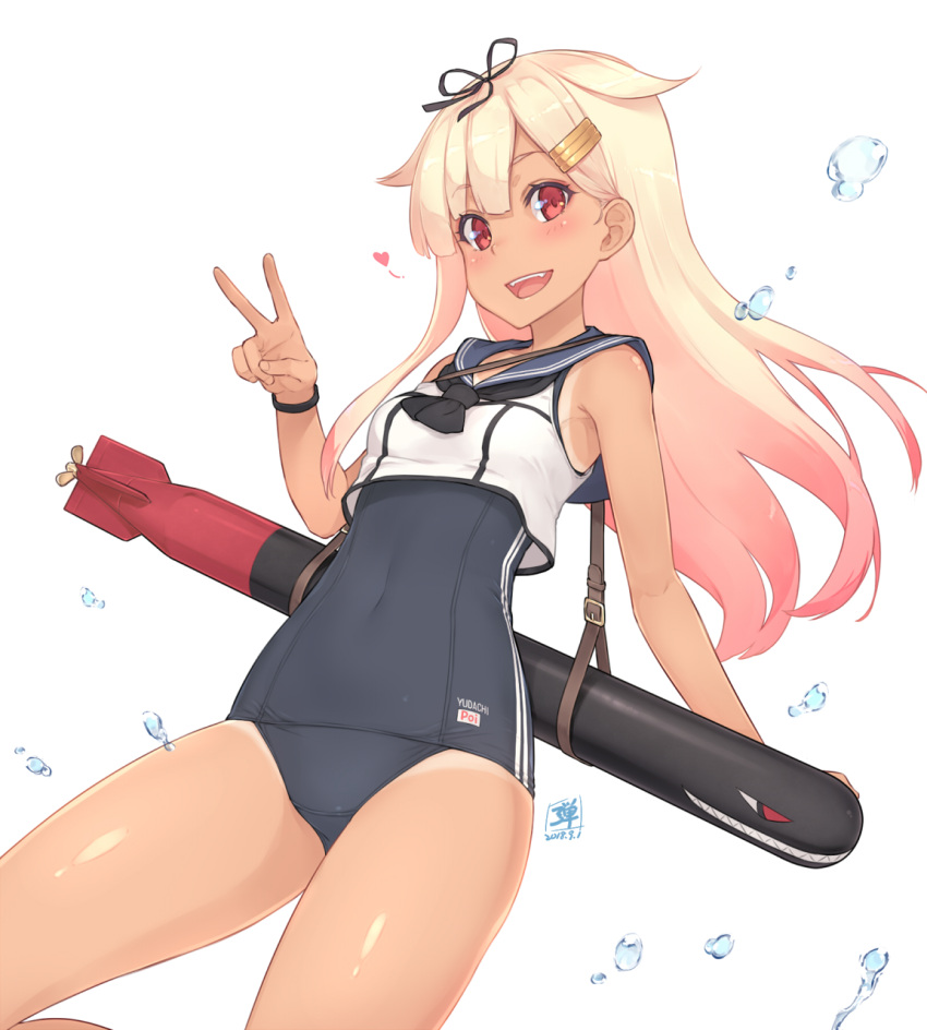 1girl alternate_costume bangs bare_shoulders black_ribbon blonde_hair blush breasts collarbone commentary_request cosplay covered_navel cowboy_shot crop_top dan_(kumadan) dated eyebrows_visible_through_hair gradient_hair hair_between_eyes hair_ornament hair_ribbon heart highres japanese_flag kantai_collection long_hair looking_at_viewer multicolored_hair one-piece_swimsuit one-piece_tan open_mouth pink_lips red_eyes remodel_(kantai_collection) ribbon ro-500_(kantai_collection) ro-500_(kantai_collection)_(cosplay) sailor_collar school_swimsuit school_uniform serafuku shiny shiny_hair shirt signature sleeveless sleeveless_shirt small_breasts solo splashing spoken_heart swimsuit swimsuit_under_clothes tan tanline thighs torpedo v water white_background yuudachi_(kantai_collection)