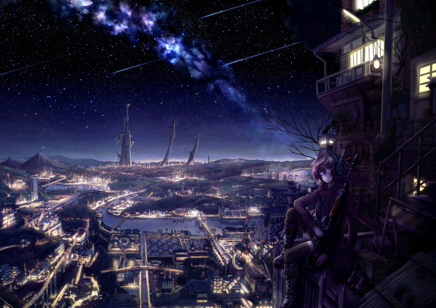 1girl brown_eyes brown_hair closed_mouth eyebrows_visible_through_hair glasses gun headphones highres holding holding_gun holding_weapon kumeki_(kk4615) looking_at_viewer mountain night night_sky original outdoors railing scenery shooting_star sitting sky solo stairs star_(sky) starry_sky weapon window