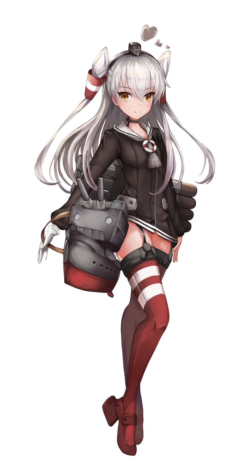 1girl amatsukaze_(kantai_collection) arm_at_side bangs black_choker black_dress black_hairband buttons choker commentary dress eyebrows_visible_through_hair full_body garter_straps gloves grey_neckwear hair_between_eyes hair_tubes hairband hat heart highres kantai_collection kkieut lifebuoy long_hair long_sleeves looking_at_viewer mini_hat neckerchief red_footwear red_legwear rensouhou-kun rudder_shoes sailor_collar sailor_dress short_dress silver_hair single_glove smile solo striped striped_legwear thigh-highs tiptoes torpedo_tubes turret two_side_up white_background white_gloves windsock yellow_eyes