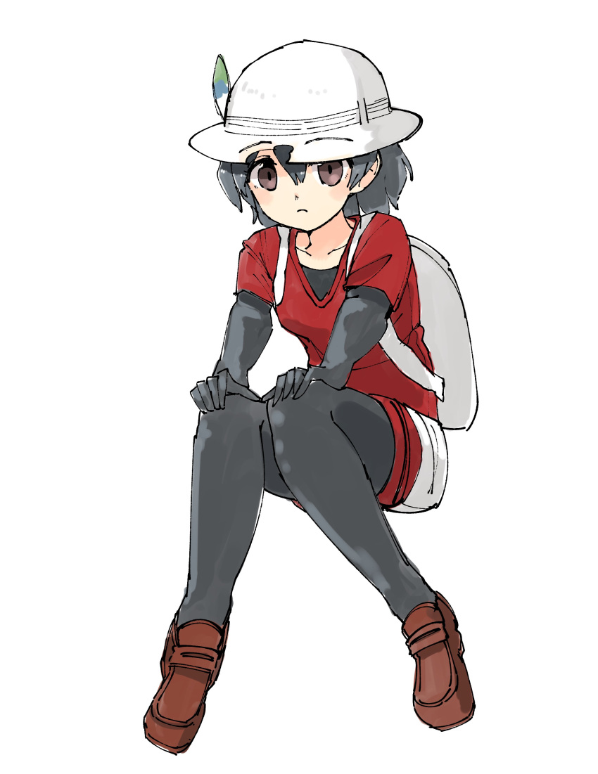 1girl absurdres backpack bag black_hair bucket_hat collarbone commentary elbow_gloves eyebrows_visible_through_hat feathers gloves hands_on_own_knees hat highres kaban_(kemono_friends) kemono_friends loafers omnisucker pantyhose shirt shoes short_hair short_sleeves shorts sitting solo t-shirt