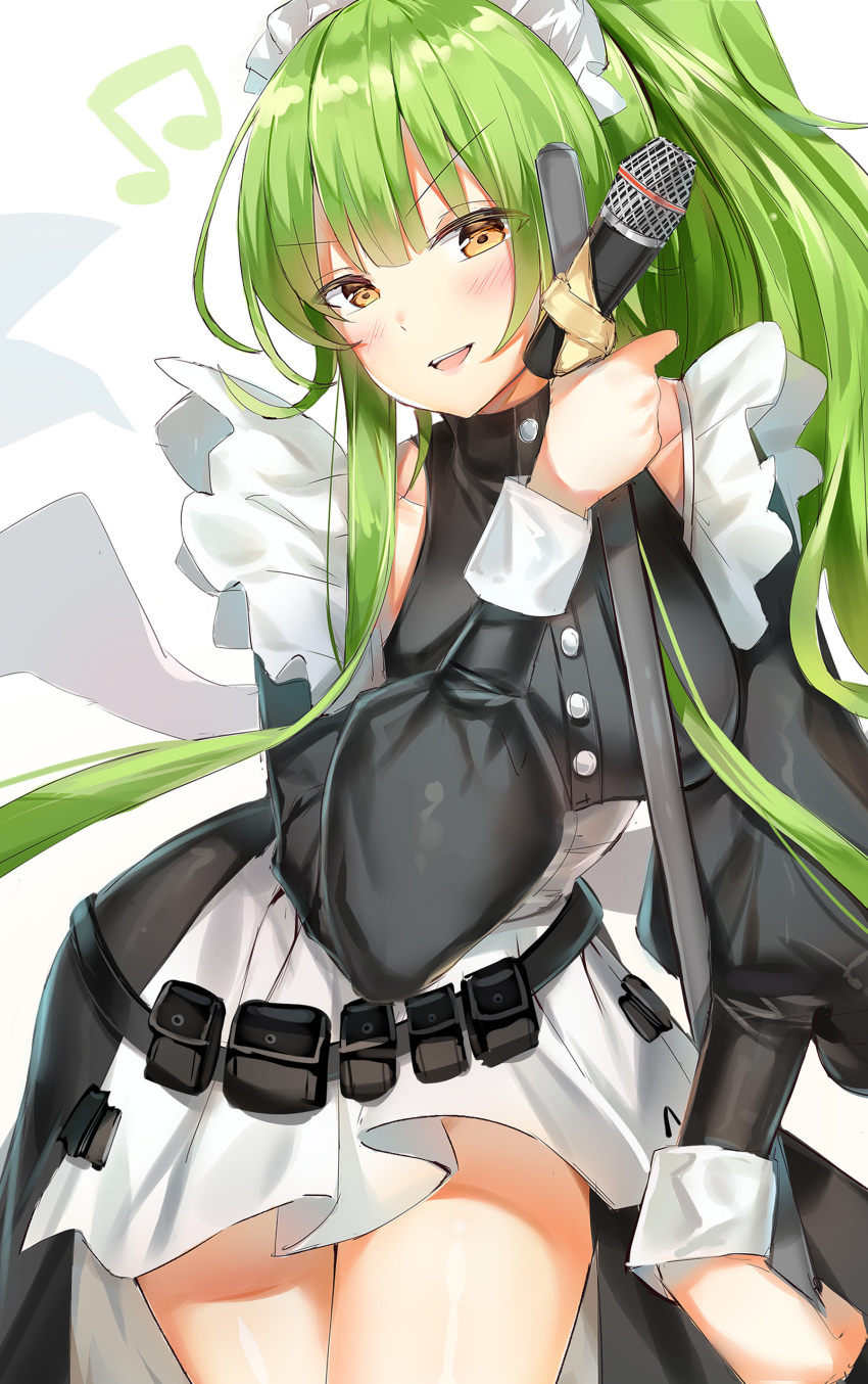 1girl absurdres bangs belt black_shirt blush breasts brown_eyes buttons collared_shirt eyebrows_visible_through_hair ginn_(hzh770121) girls_frontline green_hair hair_between_eyes hair_ornament headdress highres holding holding_microphone long_hair long_sleeves looking_at_viewer m950a_(girls_frontline) microphone miniskirt musical_note parted_lips pleated_skirt ponytail puffy_sleeves round_teeth shirt simple_background skirt smile solo standing teeth very_long_hair white_background white_shirt