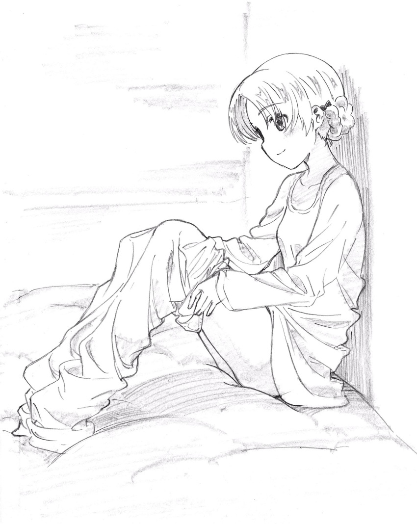 1girl bed braid commentary_request eyebrows_visible_through_hair from_side girls_und_panzer greyscale highres long_sleeves monochrome on_bed orange_pekoe pink_x shirt sitting smile solo undressing
