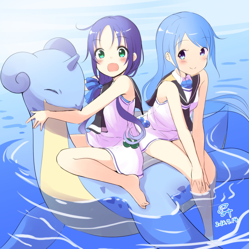 2girls :o afloat bare_arms bare_legs barefoot blue_eyes blue_hair blush creatures_(company) crossover dated game_freak gen_1_pokemon green_eyes hair_ribbon highres horn kantai_collection lapras long_hair looking_at_viewer minidraco multiple_girls neckerchief nintendo pokemon pokemon_(creature) ribbon riding sailor_collar samidare_(kantai_collection) smile suzukaze_(kantai_collection) water