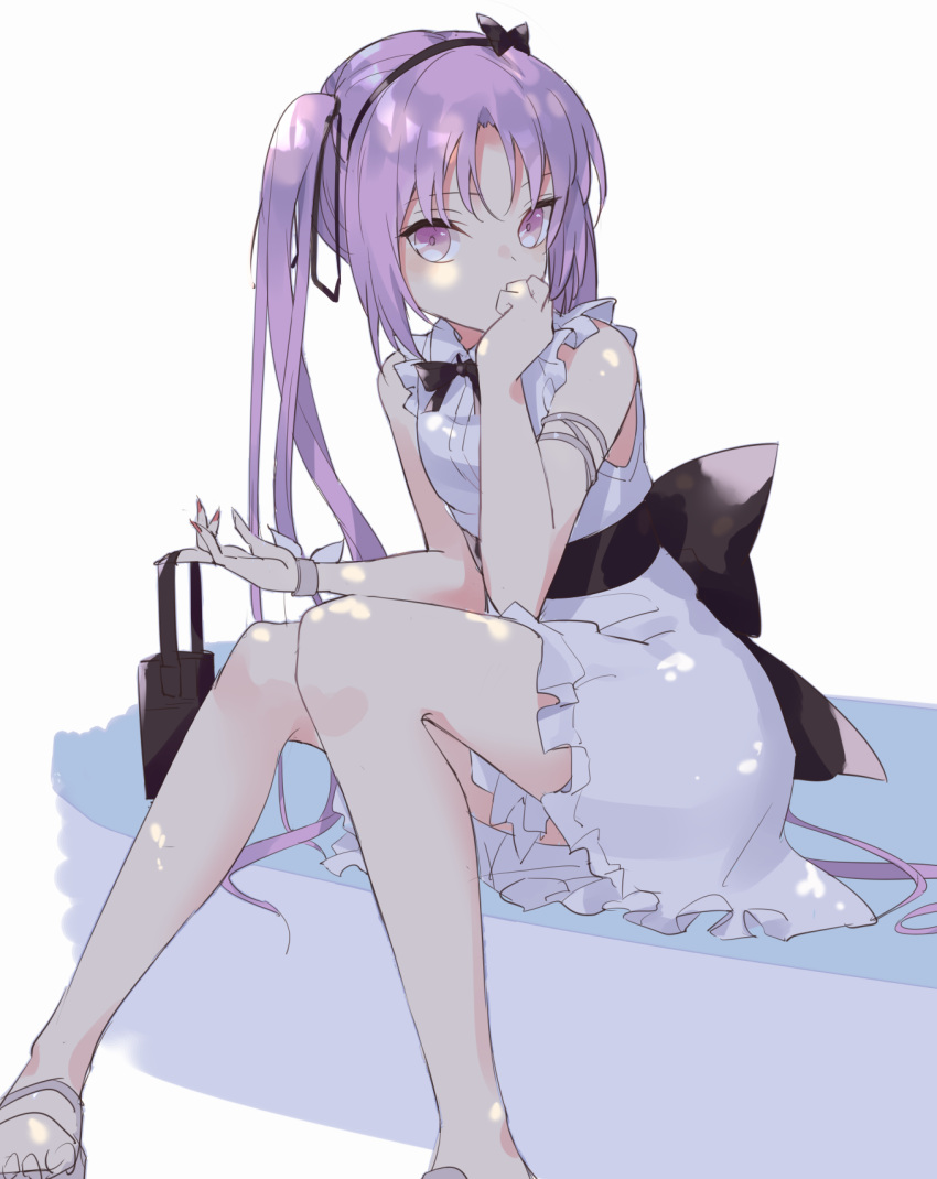 1girl arm_support armlet bag bangs bare_legs bare_shoulders black_bow blush bow bowtie breasts covered_mouth dress euryale fate/grand_order fate_(series) fingernails frilled_dress frills hair_bow hair_ribbon hairband hand_on_own_face handbag highres holding holding_bag knees_together_feet_apart large_bow lolita_hairband long_fingernails long_hair looking_at_viewer nail_polish ponytail purple_hair red_nails ribbon sandals side_ponytail simple_background sitting sleeveless sleeveless_dress solo standing sunlight sutaa_dasuto-kun very_long_hair violet_eyes white_background white_dress