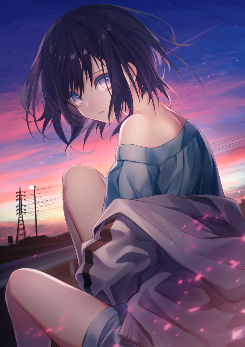 1girl bangs bare_shoulders black_hair blue_shirt blue_shorts blurry clouds commentary_request depth_of_field dusk dutch_angle floating_hair from_behind grey_jacket guard_rail hair_between_eyes haizome_senri highres jacket knees_up lamppost light_particles long_sleeves looking_at_viewer looking_to_the_side off_shoulder original outdoors parted_lips power_lines shiny shiny_hair shirt short_hair shorts signature sitting sky solo star_(sky) starry_sky track_jacket transmission_tower violet_eyes