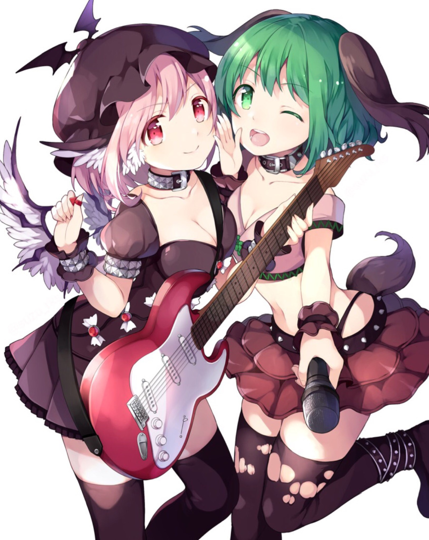 2girls ;d animal_ears bangs bare_shoulders black_footwear black_hair boots breasts brown_dress brown_hat brown_skirt cleavage closed_mouth collar collarbone colored_eyelashes commentary_request crop_top dress electric_guitar eyebrows_visible_through_hair feathered_wings green_eyes green_hair guitar hair_between_eyes hand_up hat highres holding holding_instrument holding_microphone instrument kasodani_kyouko layered_skirt long_hair medium_breasts microphone multiple_girls mystia_lorelei navel one_eye_closed open_mouth pink_hair pink_shirt pleated_dress pleated_skirt plectrum red_eyes risui_(suzu_rks) round_teeth shirt short_sleeves simple_background skirt smile standing standing_on_one_leg studded_collar teeth thigh-highs thigh_boots torn_clothes torn_thighhighs touhou upper_teeth white_background white_wings wings