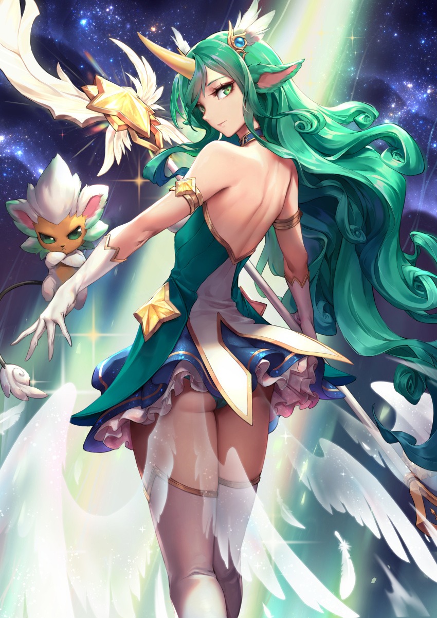 1girl absurdres alternate_costume alternate_eye_color alternate_hair_color alternate_hairstyle animal_ears armlet ass back backless_dress backless_outfit bare_back bare_shoulders dress familiar feathers from_behind gloves green_hair green_panties highres horn league_of_legends long_hair looking_at_viewer night oopartz_yang panties pantyshot pantyshot_(standing) patreon_username pointy_ears skirt sky solo soraka sparkle staff standing star_(sky) star_guardian_soraka starry_sky thigh-highs underwear white_gloves