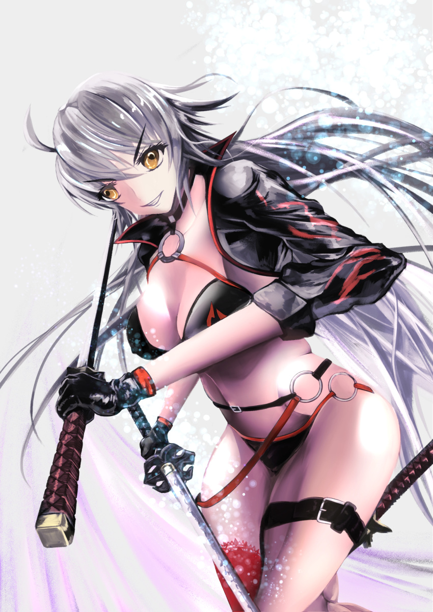 1girl ahoge bikini black_bikini black_choker black_gloves black_jacket breasts choker cleavage commentary_request cowboy_shot cropped_jacket fate/grand_order fate_(series) gloves grey_background hair_between_eyes highres holding holding_sword holding_weapon jacket jeanne_d'arc_(alter_swimsuit_berserker) jeanne_d'arc_(fate)_(all) katana large_breasts long_hair o-ring o-ring_bikini o-ring_bottom o-ring_top red_legwear shrug_(clothing) silver_hair single_thighhigh skindentation swimsuit sword thigh-highs thigh_strap usui-448 waist weapon yellow_eyes