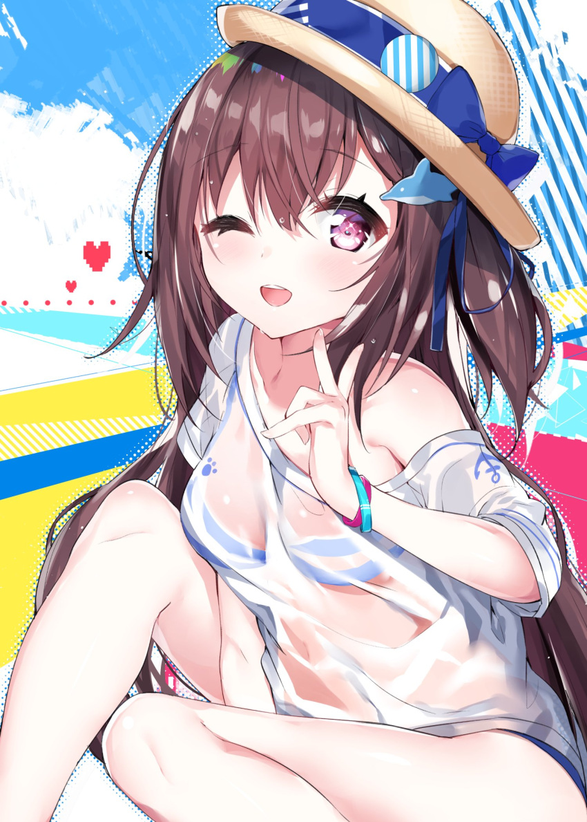 1girl ;d anchor_symbol bangs bare_shoulders bikini bikini_under_clothes blue_bow blue_ribbon blue_sky blush bow brown_hair brown_hat clouds collarbone commentary_request day dolphin_hair_ornament eyebrows_visible_through_hair hair_between_eyes hair_ornament hat hat_bow hat_ribbon heart highres index_finger_raised kamioka_shun'ya long_hair off_shoulder one_eye_closed open_mouth original ribbon see-through shirt sitting sky smile solo sparkling_eyes striped striped_bikini swimsuit upper_teeth very_long_hair violet_eyes wet wet_clothes wet_shirt white_shirt
