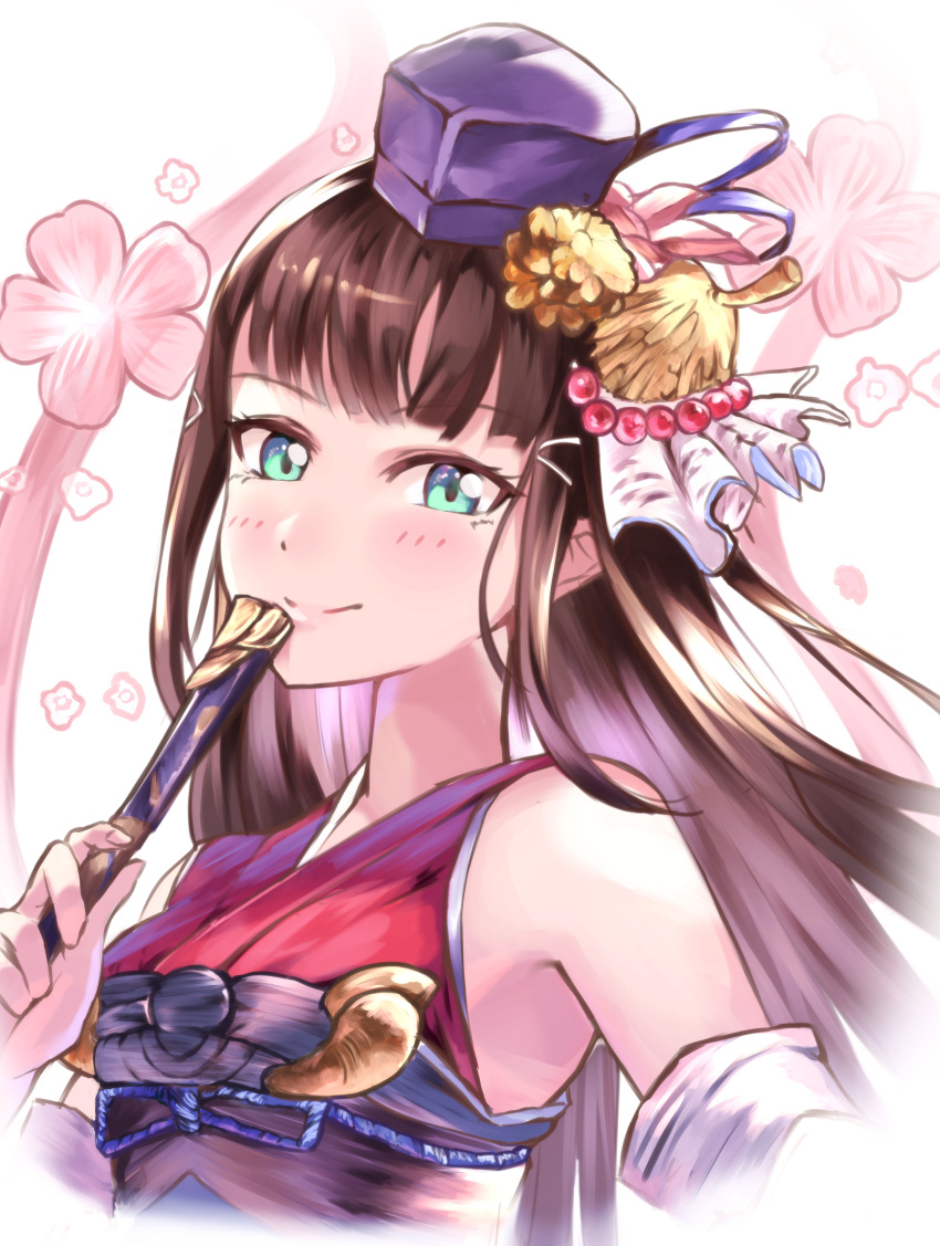 1girl absurdres blue_eyes blush brown_hair closed_fan cropped_torso detached_sleeves eyebrows_visible_through_hair fan floating_hair folding_fan hair_ornament hat highres holding holding_fan kurosawa_dia long_hair looking_at_viewer love_live! love_live!_sunshine!! mini_hat purple_hat shaka_(staito0515) shiny shiny_hair smile solo upper_body white_background