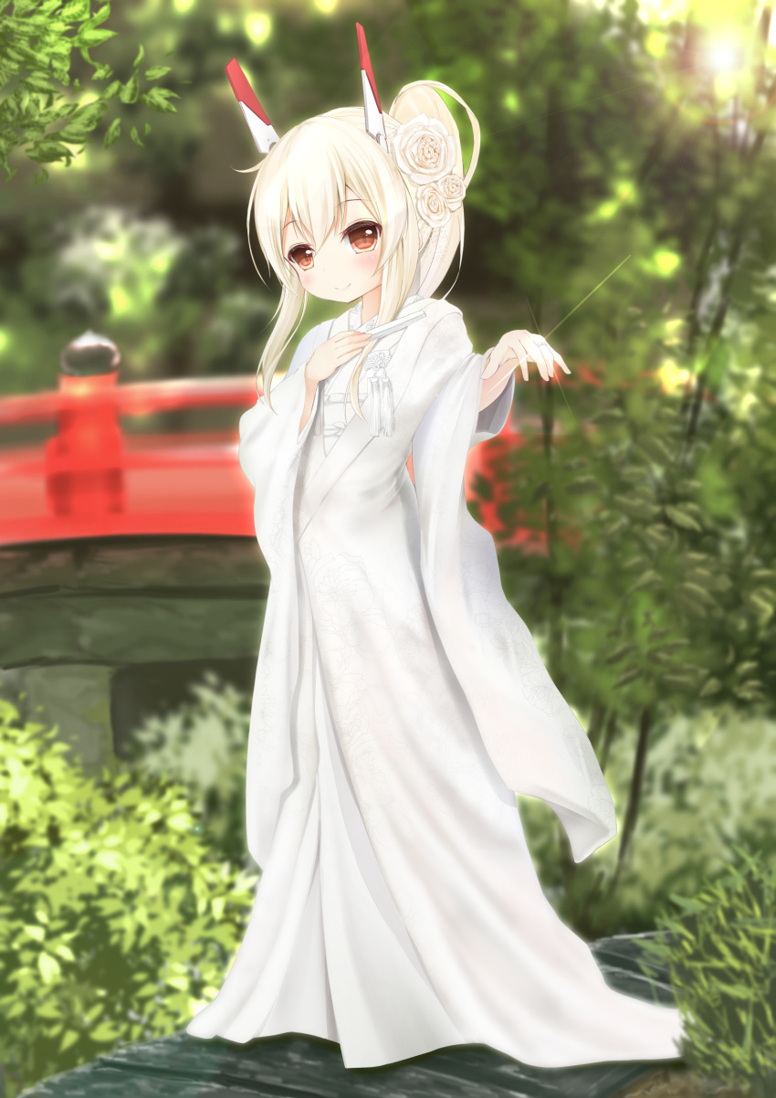 1girl absurdres ayanami_(azur_lane) azur_lane bangs blurry blurry_background blush bridge brown_eyes closed_fan closed_mouth commentary day depth_of_field eyebrows_visible_through_hair fan flower folding_fan full_body glint hair_between_eyes hair_flower hair_ornament hand_up head_tilt headgear high_ponytail highres holding holding_fan japanese_clothes jewelry kimono long_hair long_sleeves looking_at_viewer maru_shion outdoors ponytail revision ring rose sidelocks smile solo standing uchikake wedding_band white_flower white_kimono white_rose wide_sleeves