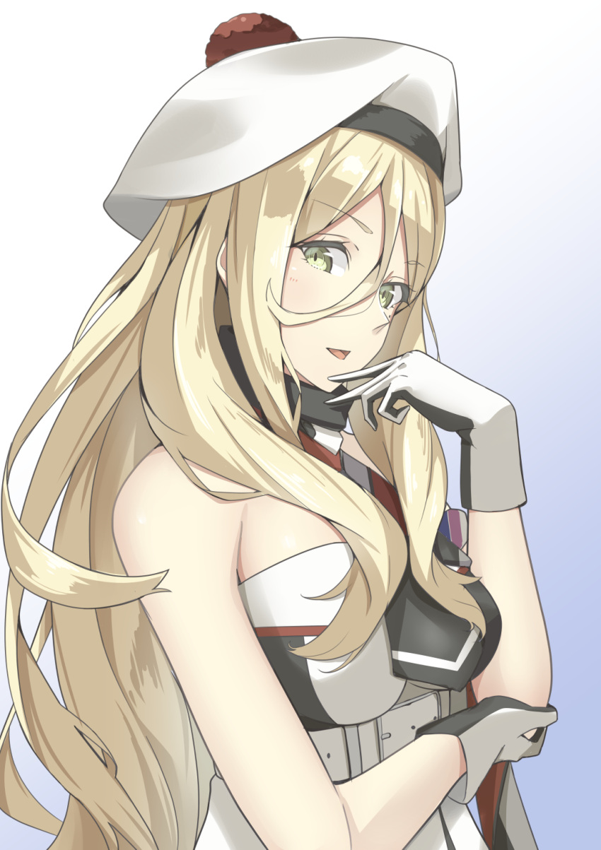 1girl bangs bare_shoulders belt beret blonde_hair blue_eyes blush breasts buckle commentary dress eyebrows_visible_through_hair gloves gradient gradient_background hair_between_eyes hand_on_own_arm hand_up hat highres kantai_collection large_breasts long_hair looking_at_viewer mole mole_under_eye mole_under_mouth multicolored multicolored_clothes multicolored_dress multicolored_gloves multicolored_scarf negahami open_mouth pom_pom_(clothes) richelieu_(kantai_collection) scarf sidelocks simple_background smile solo strapless strapless_dress upper_body very_long_hair yellow_eyes