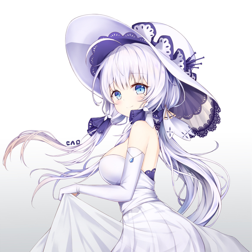 1girl ahoge armlet azur_lane bangs blue_eyes blush breasts cleavage commentary dress dress_lift elbow_gloves eyebrows_visible_through_hair floating_hair from_side gloves gradient gradient_background hair_ornament hair_ribbon hat highres illustrious_(azur_lane) lace-trimmed_hat large_breasts lifted_by_self long_hair looking_at_viewer low_twintails mole mole_under_eye ribbon sapphire_(stone) shalsqk sidelocks simple_background smile solo strapless strapless_dress sun_hat tress_ribbon twintails white_dress white_gloves white_hair white_hat