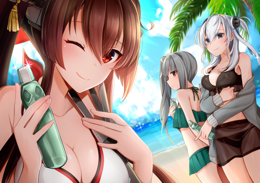 3girls absurdres bangs bare_shoulders beach bikini bikini_skirt black_bikini blue_eyes blurry blurry_background blush bottle breasts brown_eyes brown_hair cleavage clothes_writing collarbone day flower frilled_bikini frills green_bikini grey_hair hair_between_eyes hair_flower hair_ornament hair_ribbon headband headgear highres holding holding_bottle jacket kantai_collection kasumi_(kantai_collection) large_breasts long_hair looking_at_viewer medium_breasts multicolored multicolored_bikini multicolored_clothes multiple_girls off_shoulder one_eye_closed one_side_up open_clothes open_jacket open_mouth outdoors palm_tree ponytail ramune remodel_(kantai_collection) ribbon sand see-through side_ponytail silver_hair smile sparkle sunlight suzutsuki_(kantai_collection) swimsuit tree very_long_hair yamato_(kantai_collection) yunamaro