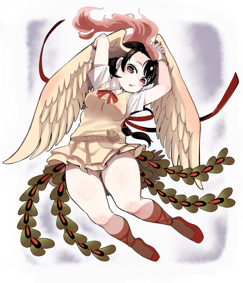 1girl absurdres bracelet breasts brown_hair commentary_request grey_background hands_up hare_(tetterutei) head_wings hi_no_tori_(kemono_friends) highres huge_filesize jewelry kemono_friends looking_at_viewer medium_breasts neck_ribbon parted_lips pleated_skirt red_eyes red_footwear red_neckwear red_ribbon ribbon shoes short_sleeves skirt solo tail vest yellow_skirt yellow_vest