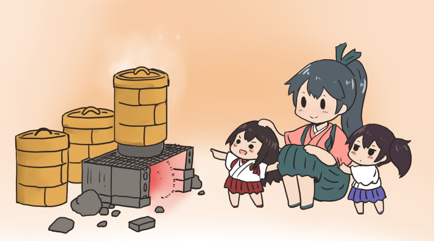 3girls akagi_(kantai_collection) bamboo_steamer black_hair black_hakama blue_hakama cinder_block commentary_request cooking gradient gradient_background hakama hakama_skirt high_ponytail highres houshou_(kantai_collection) japanese_clothes kaga_(kantai_collection) kantai_collection long_hair megahiyo multiple_girls ponytail red_hakama side_ponytail sitting solid_oval_eyes tasuki younger