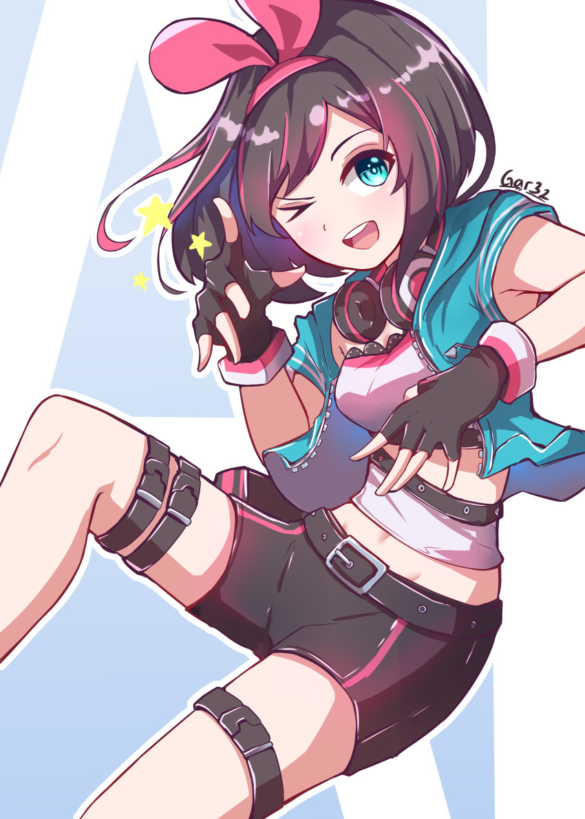 1girl ;d a.i._channel absurdres artist_name bangs belt black_gloves blue_eyes brown_hair character_name fingerless_gloves gloves hairband headphones headphones_around_neck highres kizuna_ai looking_at_viewer midriff multicolored_hair one_eye_closed open_mouth pink_hair pink_hairband shorts smile solo star streaked_hair swept_bangs tegar32 thigh_strap virtual_youtuber