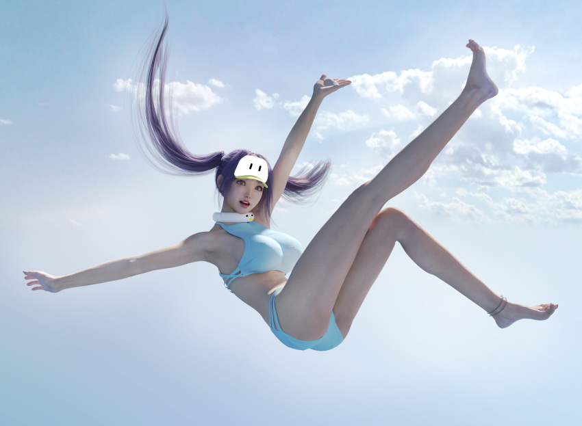 1girl 3d anklet arms_up bare_legs barefoot blue_eyes clouds feet highres jewelry leg_up legs looking_at_viewer muloli purple_hair realistic short_shorts shorts sky solo tank_top visor_cap
