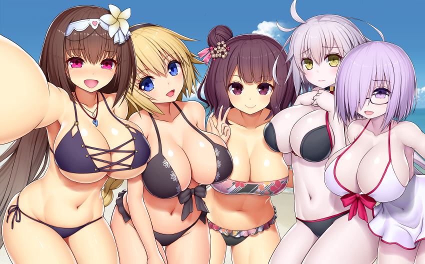 5girls :d absurdres ahoge asamura_hiori bangs bare_arms bare_shoulders bikini black-framed_eyewear black_bikini black_hairband blonde_hair blue_eyes blue_sky blush braid breasts brown_hair cleavage clouds collarbone commentary_request covered_navel day dress dress_swimsuit eyebrows_visible_through_hair fate/grand_order fate_(series) flower foreshortening glasses green_eyes groin hair_between_eyes hair_bun hair_flower hair_ornament hair_over_one_eye hairband hands_up head_tilt highres jeanne_d'arc_(alter_swimsuit_berserker) jeanne_d'arc_(fate)_(all) jeanne_d'arc_(swimsuit_archer) katsushika_hokusai_(fate/grand_order) large_breasts leaning_forward long_hair looking_at_viewer magatama magatama_necklace mash_kyrielight multiple_girls navel open_mouth osakabe-hime_(fate/grand_order) outdoors outstretched_arm painting_summer pale_skin purple_bikini side-tie_bikini side_bun silver_hair single_braid sky smile swimsuit swimsuit_of_perpetual_summer very_long_hair violet_eyes white_dress white_flower white_hairband