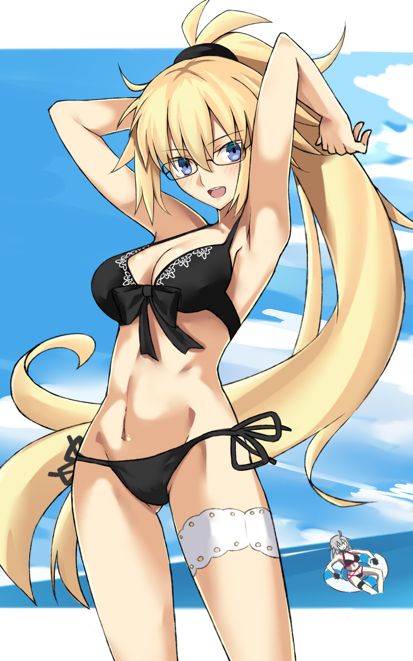 2girls ahoge arms_behind_head bare_arms bare_shoulders bespectacled bikini black_bikini black_choker black_jacket blonde_hair blue_eyes blush bow breasts choker cleavage commentary_request cowboy_shot cropped_jacket eyebrows_visible_through_hair fate/grand_order fate_(series) glasses hair_between_eyes hair_bow hairband highres jacket jeanne_d'arc_(alter_swimsuit_berserker) jeanne_d'arc_(fate)_(all) jeanne_d'arc_(swimsuit_archer) large_breasts long_hair looking_at_another looking_at_viewer midriff multiple_girls navel o-ring o-ring_bikini o-ring_bottom o-ring_top outdoors outside_border ponytail side-tie_bikini silver_hair stomach swimsuit thigh_strap thighs very_long_hair waist water yellow_eyes yuchio
