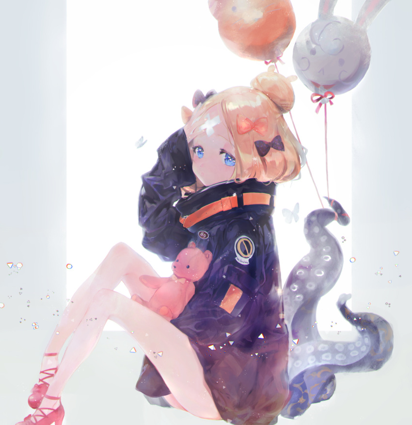 1girl abigail_williams_(fate/grand_order) alternate_hairstyle backlighting balloon bandaid_on_forehead bangs belt black_bow black_jacket blonde_hair blue_eyes blush bow fate/grand_order fate_(series) forehead fou_(fate/grand_order) hair_bow hair_bun heroic_spirit_traveling_outfit high_collar highres holding holding_stuffed_animal jacket knees_up legs long_hair looking_at_viewer orange_bow parted_bangs polka_dot polka_dot_bow red_footwear sitting sleeves_past_fingers sleeves_past_wrists solo stuffed_animal stuffed_toy teddy_bear tentacle thighs white_background yaku_(ziroken)