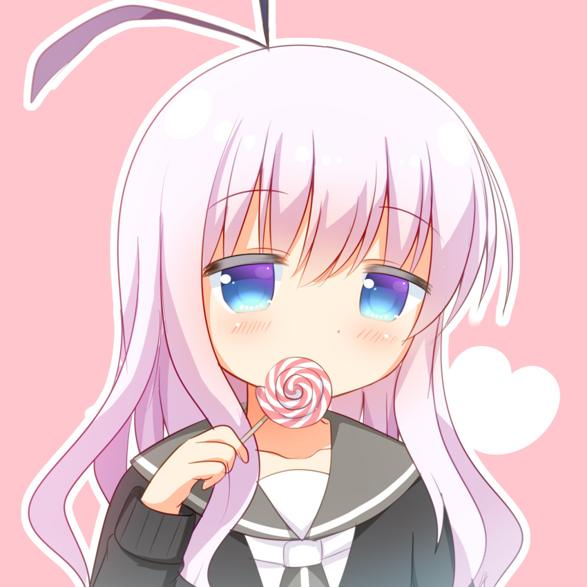 1girl bangs black_cardigan blue_eyes blush candy cardigan collarbone commentary_request covered_mouth eyebrows_visible_through_hair food grey_neckwear grey_sailor_collar hair_between_eyes hair_ribbon hand_up heart highres holding holding_food holding_lollipop lollipop long_hair mozukunin open_cardigan open_clothes outline pink_background purple_hair ribbon sailor_collar school_uniform sengoku_kamuri serafuku shirt slow_start solo swirl_lollipop violet_eyes white_outline white_shirt