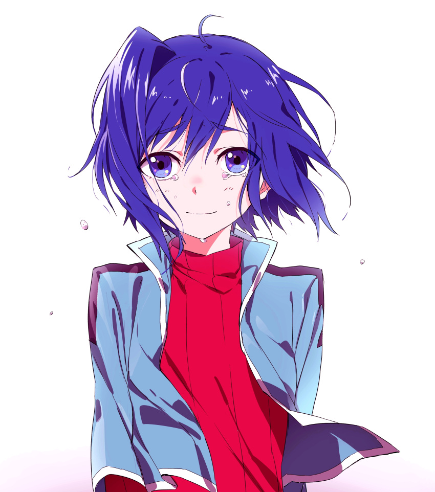 1boy absurdres ahoge blue_jacket cardfight!!_vanguard closed_mouth commentary_request highres jacket male_focus maruchi open_clothes open_jacket otoko_no_ko purple_hair red_sweater ribbed_sweater sendou_aichi short_hair simple_background solo sweater tears upper_body violet_eyes white_background