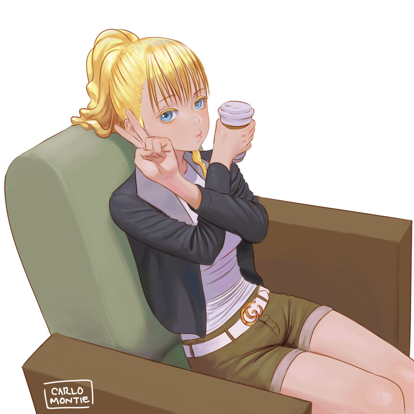 1girl absurdres asobi_asobase bangs belt blonde_hair blue_eyes breasts carlo_montie closed_mouth coffee couch dutch_angle highres jacket long_sleeves looking_at_viewer medium_breasts olivia_(asobi_asobase) ponytail shirt shorts signature solo v white_background