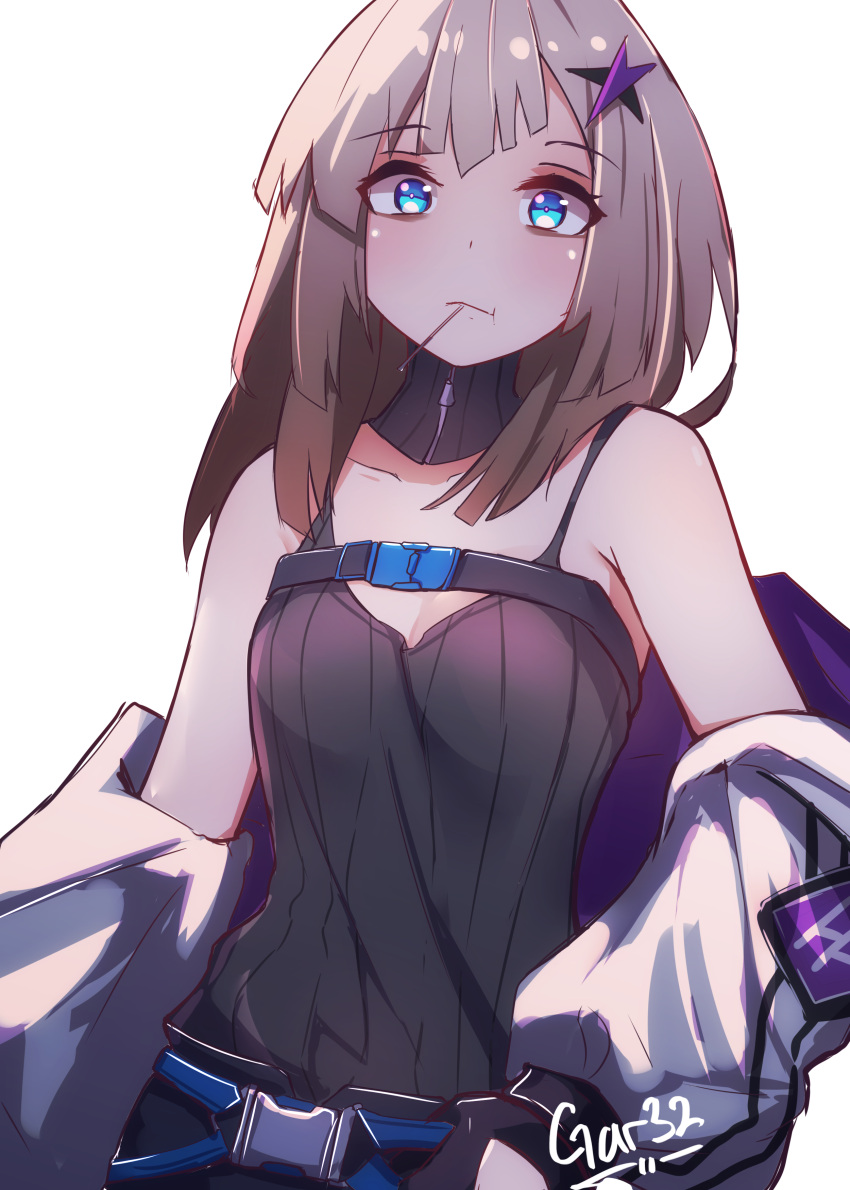 1girl aa-12_(girls_frontline) absurdres ahoge baggy_clothes bags_under_eyes bangs belt blue_eyes breasts candy choker eyebrows_visible_through_hair food girls_frontline gloves hair_ornament highres lollipop long_hair looking_at_viewer medium_breasts mouth_hold off_shoulder ribbed_singlet shorts sidelocks signature silver_hair simple_background singlet solo star star_hair_ornament strap tegar32 upper_body white_background
