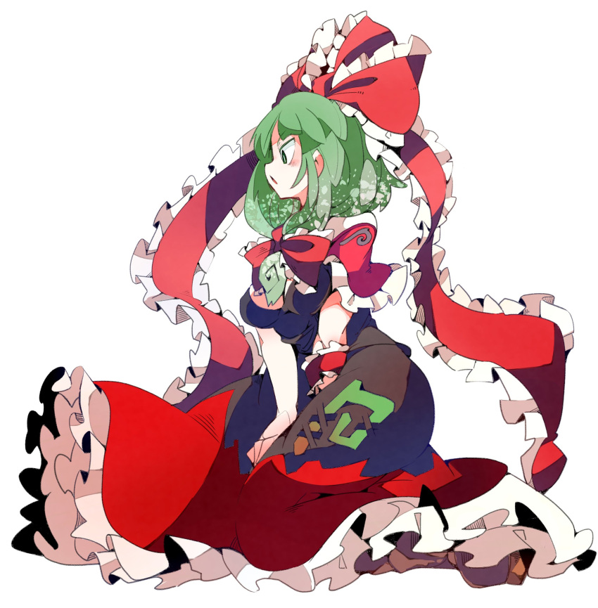 &gt;:( 1girl arm_ribbon bow breasts dress eyebrows_visible_through_hair frills front_ponytail green_eyes green_hair hair_between_eyes hair_bow hair_ribbon highres kagiyama_hina kneeling long_hair ma_sakasama open_mouth red_dress ribbon solo touhou v-shaped_eyebrows