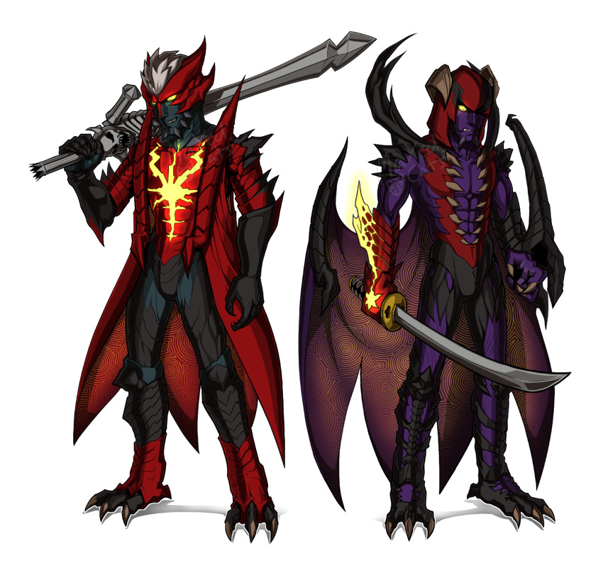 2boys capcom dante_(devil_may_cry) demon demon_horns demon_wings devil_bringer devil_may_cry devil_may_cry_4 fang glowing glowing_eyes highres holding holding_sword holding_weapon horn horns katana maxedcats multiple_boys nero_(devil_may_cry) over_shoulder purple_skin rebellion_(sword) red_skin sword sword_over_shoulder transparent_background weapon weapon_over_shoulder wings yamato_(sword) yellow_eyes