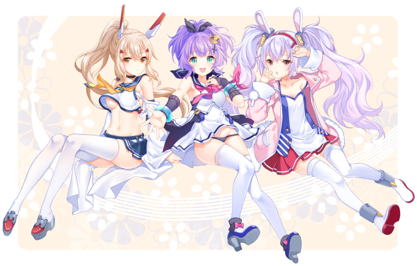 3girls :d animal_ears ayanami_(azur_lane) azur_lane bangs bare_shoulders black_panties black_ribbon blue_footwear blue_sailor_collar blue_skirt breasts bridal_gauntlets brown_eyes camisole cleavage closed_mouth collarbone commentary_request crop_top crown detached_sleeves dress eyebrows_visible_through_hair girl_sandwich green_eyes hair_between_eyes hair_ornament hair_ribbon hairband hairclip hand_up headgear high_heels high_ponytail highres jacket javelin_(azur_lane) laffey_(azur_lane) light_brown_hair long_hair long_sleeves medium_breasts mini_crown multiple_girls navel open_mouth outstretched_arm panties parted_lips pink_jacket pleated_skirt ponytail purple_hair rabbit_ears red_eyes red_footwear red_hairband red_skirt remodel_(azur_lane) ribbon sailor_collar sandwiched school_uniform serafuku shiosoda shirt shoes sidelocks silver_hair sitting skirt sleeveless sleeveless_shirt small_breasts smile strap_slip thigh-highs twintails under_boob underwear very_long_hair white_camisole white_dress white_legwear wide_sleeves yellow_neckwear